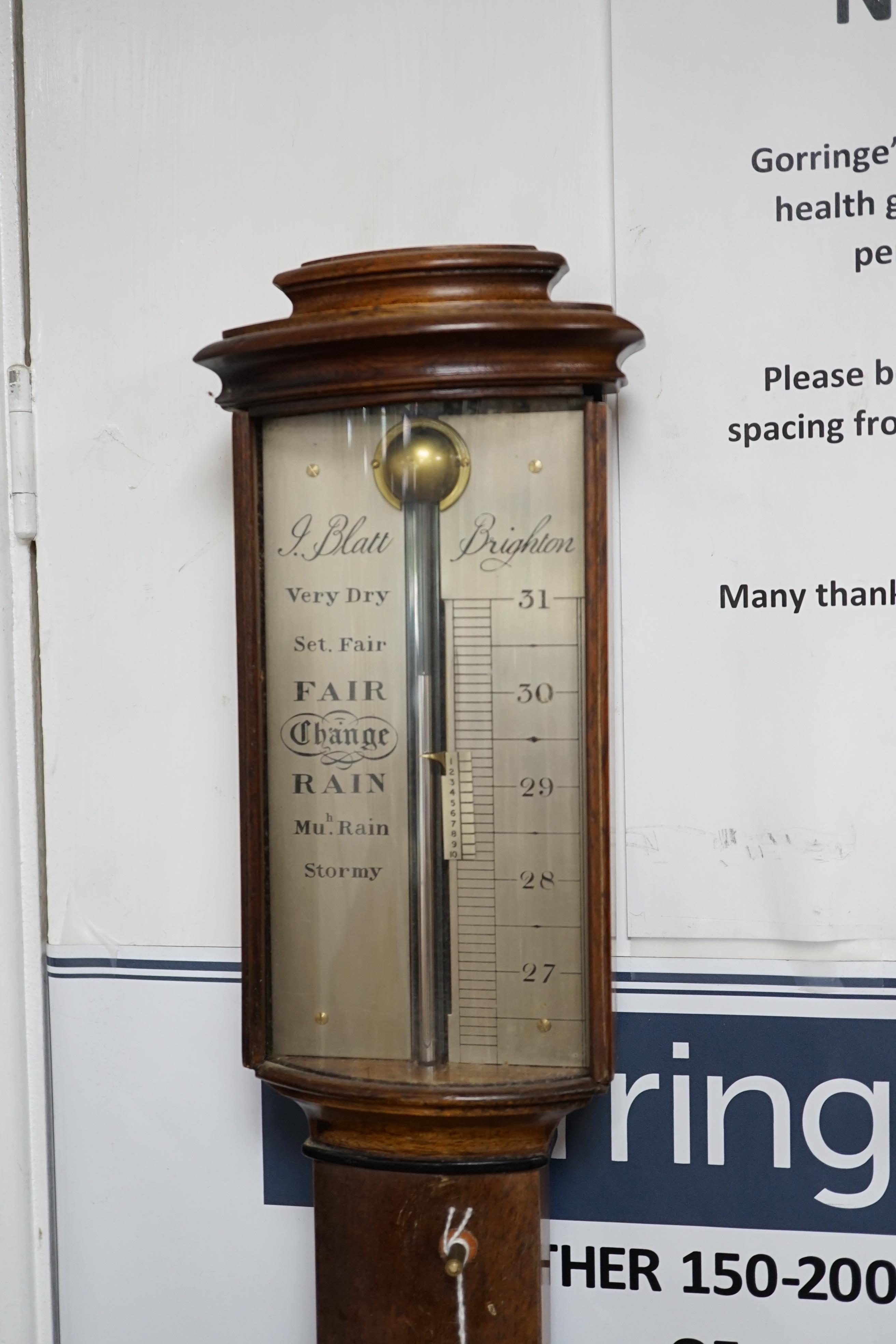 A Regency style mahogany stick barometer with silvered dial signed, J Blatt, Brighton, height 97cm